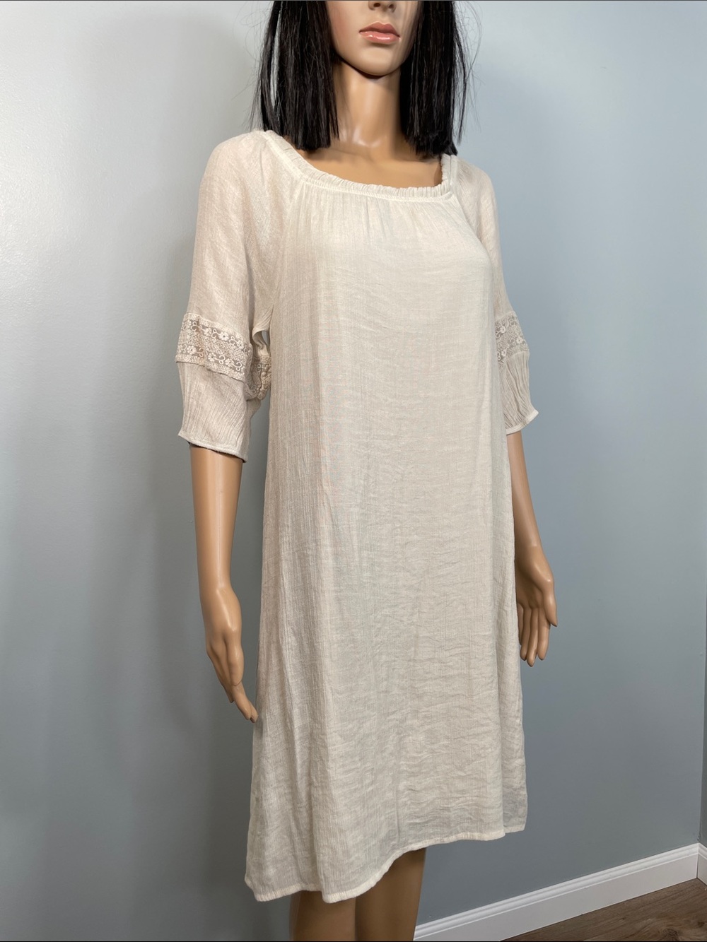NAIF Cream Gauze Tunic Dress with Lace Sleeve Trim